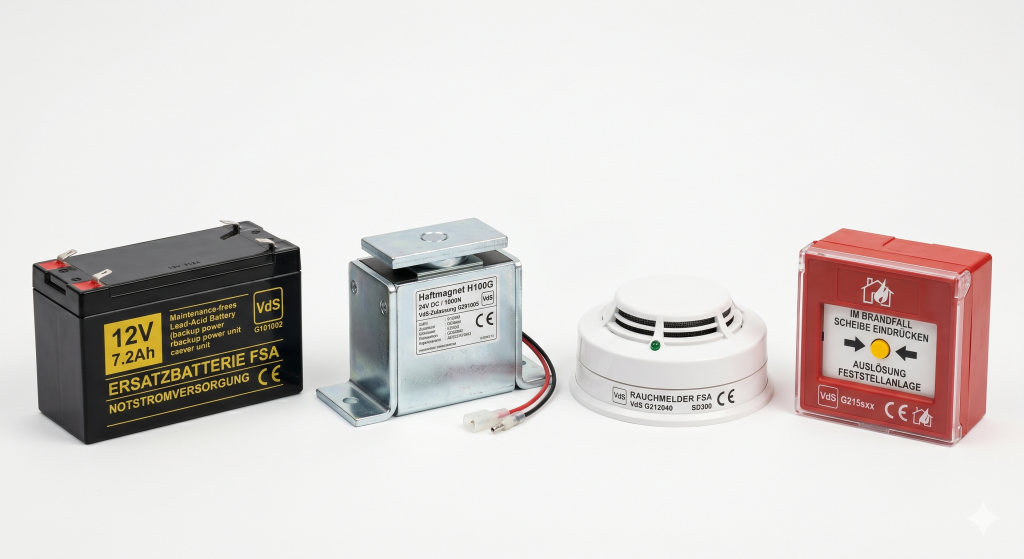 Pufferbatterie (12V), elektromagnetischer Feststellmagnet, Rauchmelder und Handauslösetaster